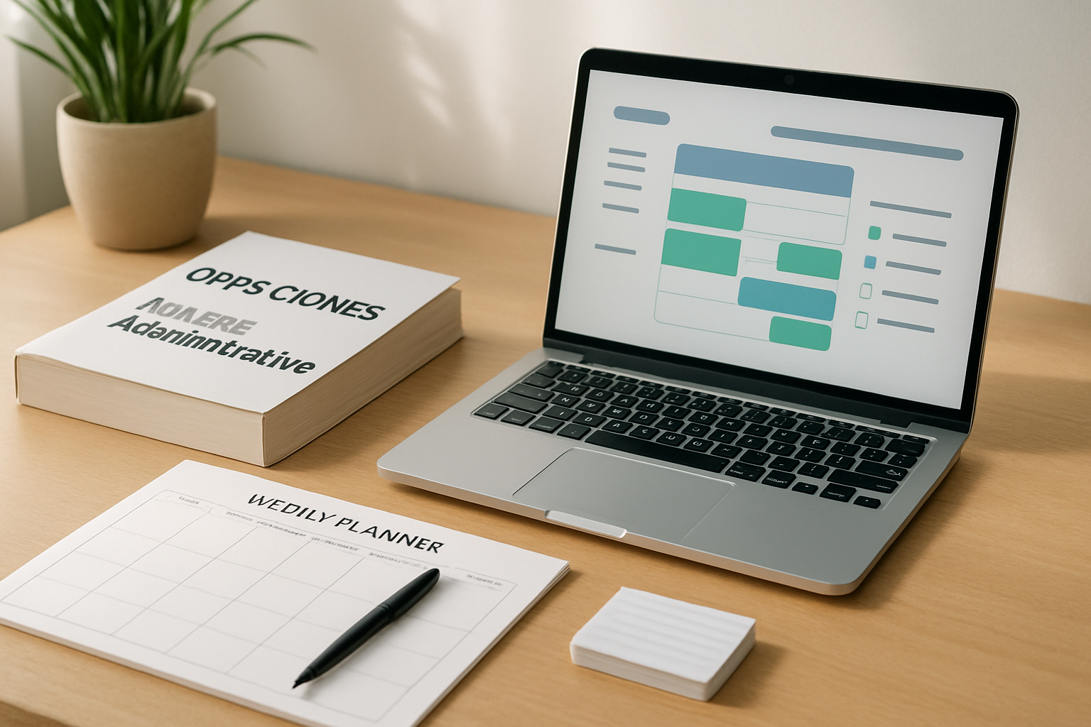Mesa de estudio con calendario semanal, temario y tarjetas de repaso para preparar Auxiliar Administrativo del Estado