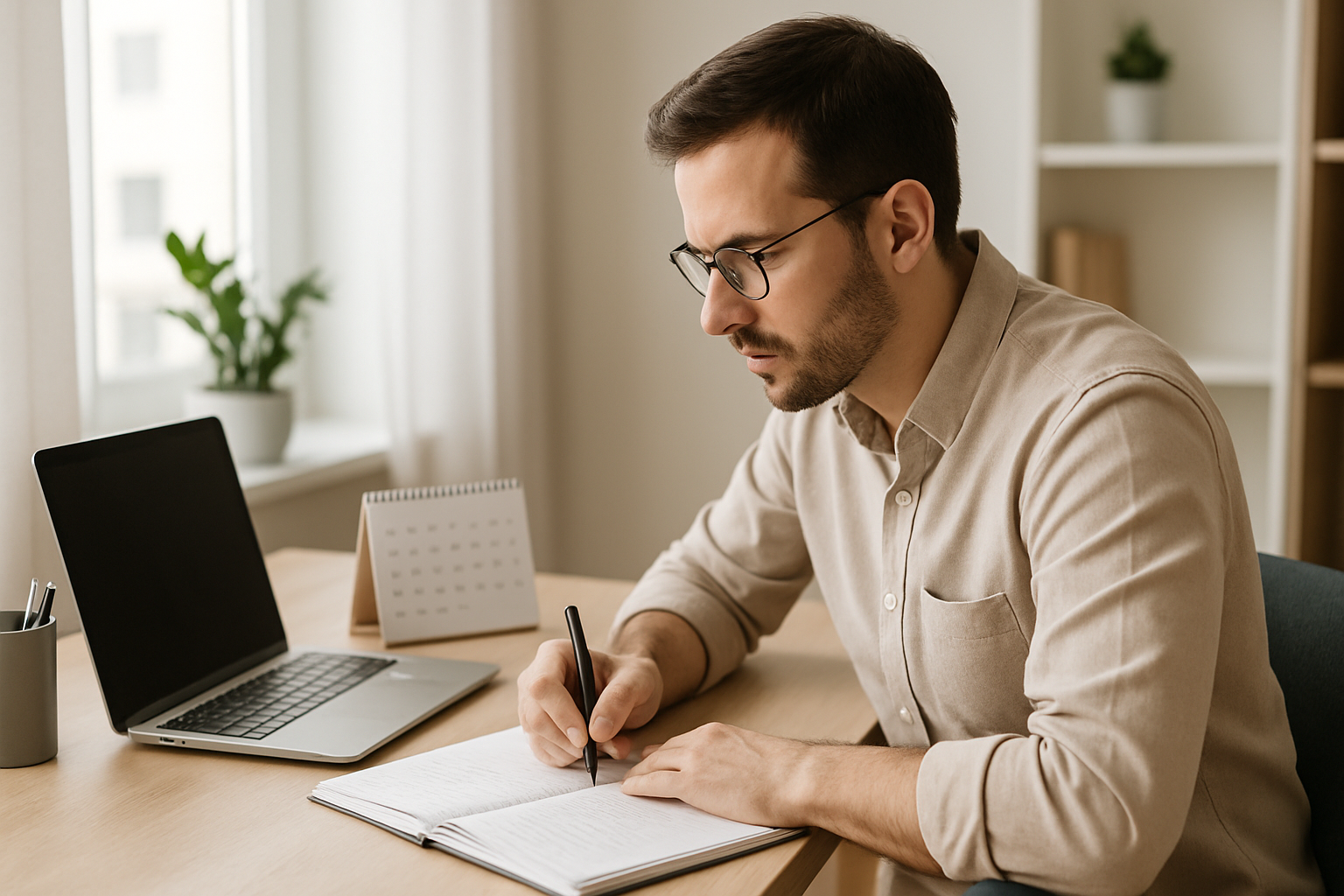Persona estudiando oposiciones frente a un ordenador con apuntes y calendario