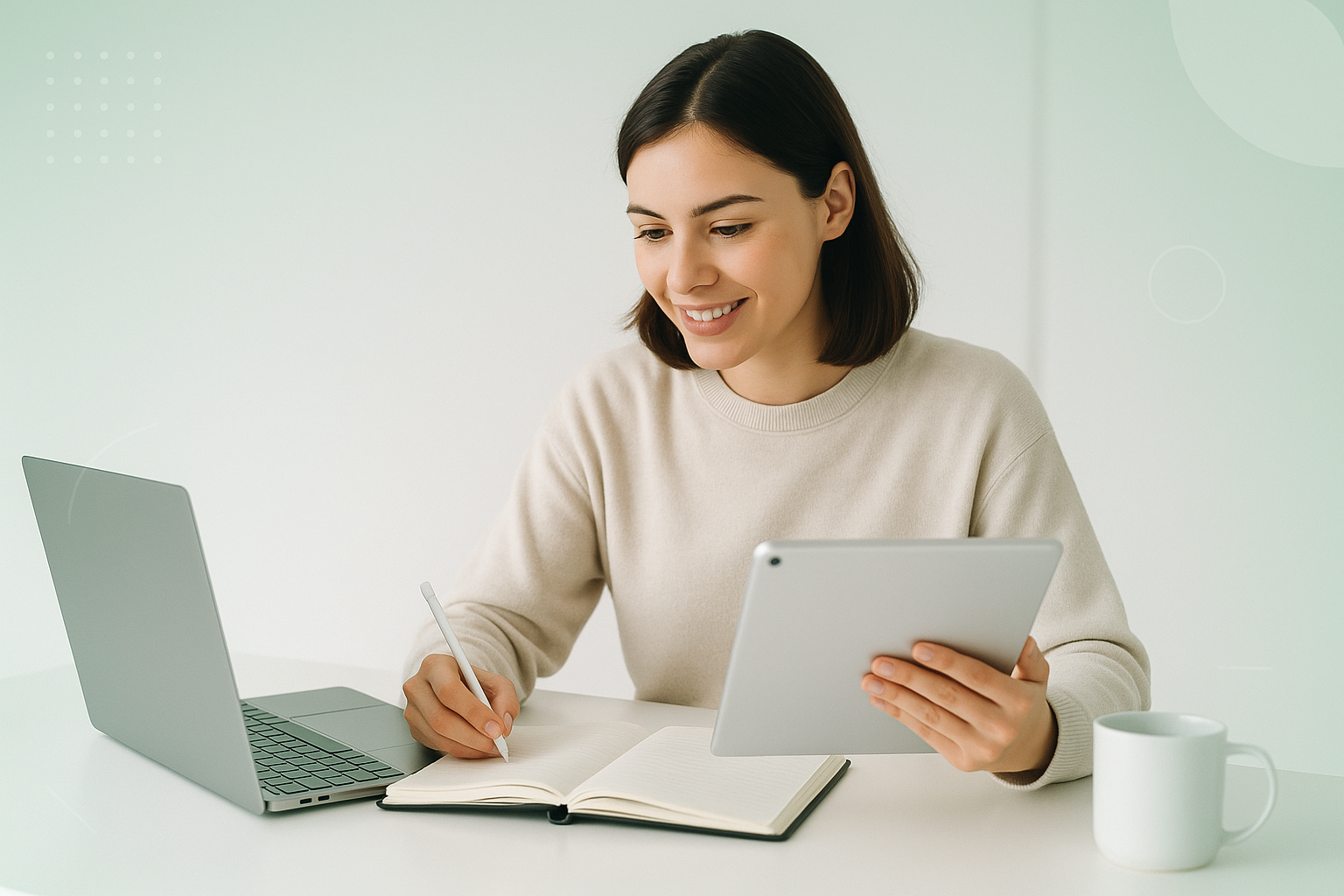 Estudiante preparando oposiciones con portátil y tablet en un entorno limpio con estética mint de GoKoan
