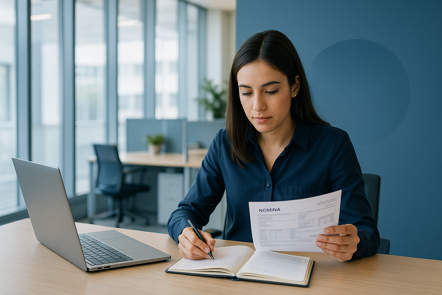 Auxiliar administrativa revisando documentación en oficina pública de Valencia