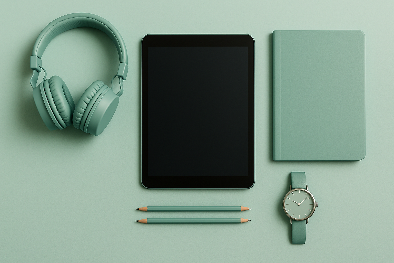 Bodegón de objetos de estudio en tonos mint para práctica tipo test