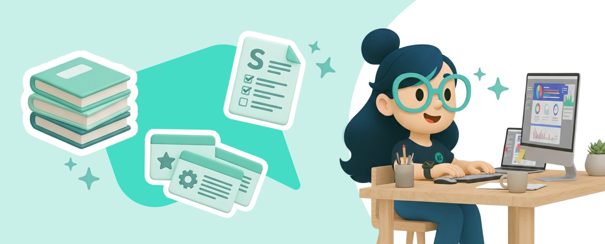 Sofía de GoKoan en el ordenador, con recursos de oposiciones y tarjetas de memorización.