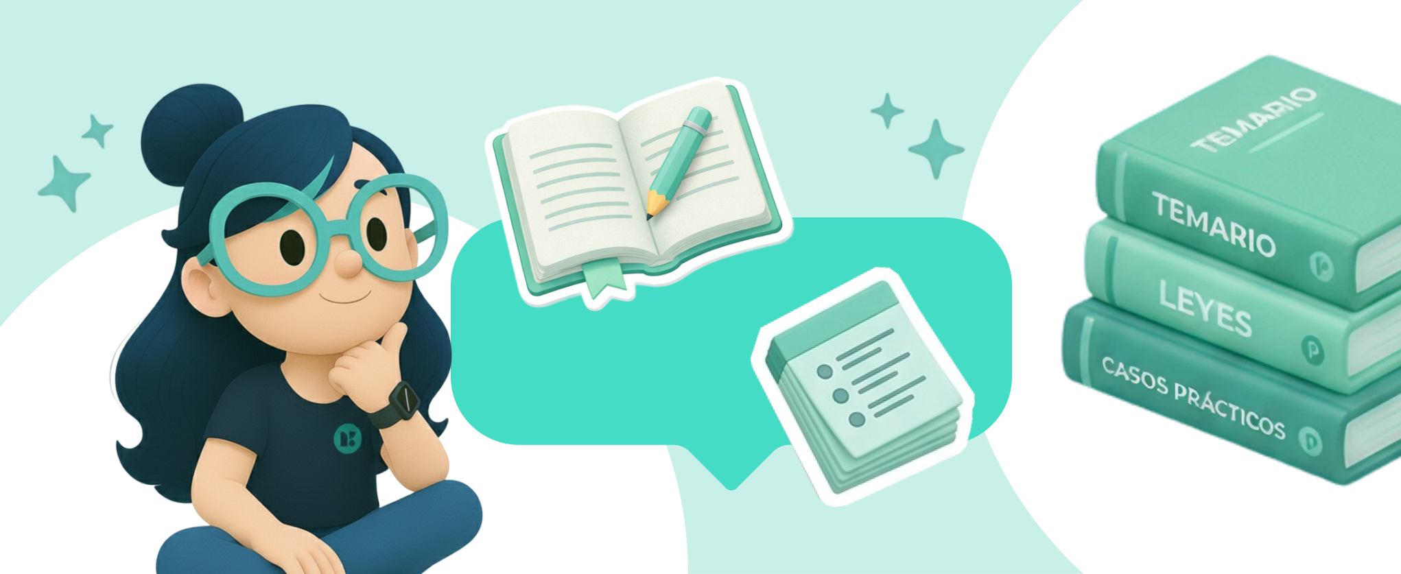 Sofía de GoKoan rodeada de elementos como libros, tarjetas y temario de oposiciones.