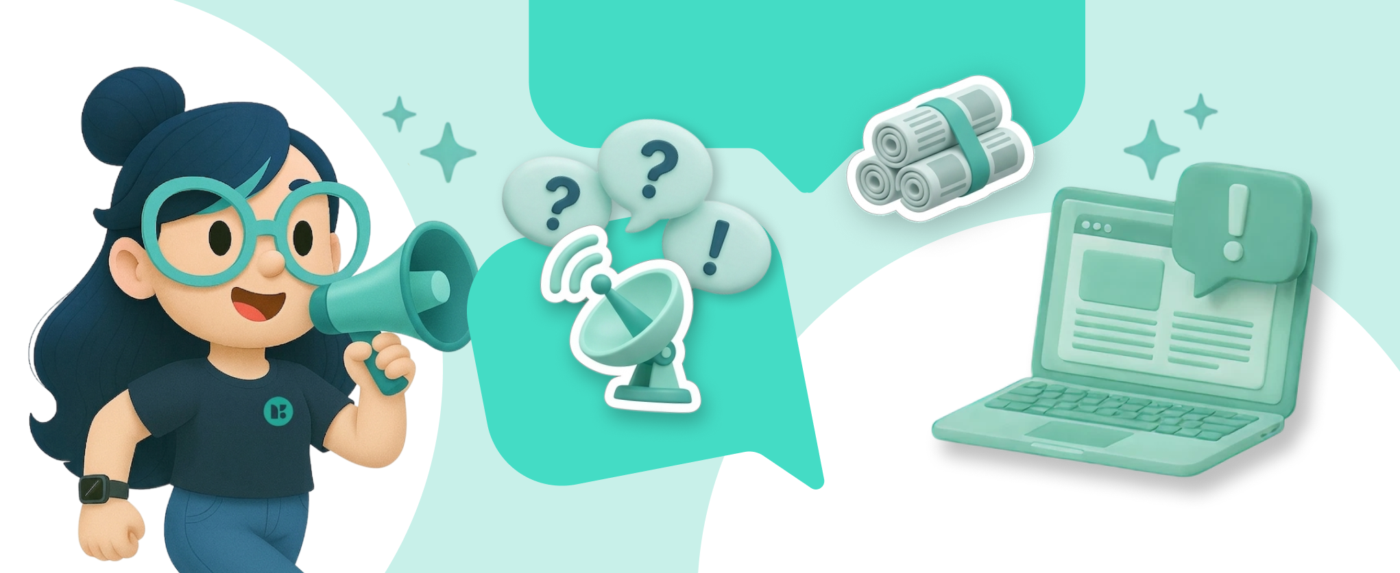 Ilustración de Sofía de GoKoan sosteniendo un megáfono, junto a íconos de comunicación como un satélite con signos de interrogación y exclamación, un portátil con una notificación y un conjunto de documentos enrollados, representando difusión de información o anuncios.