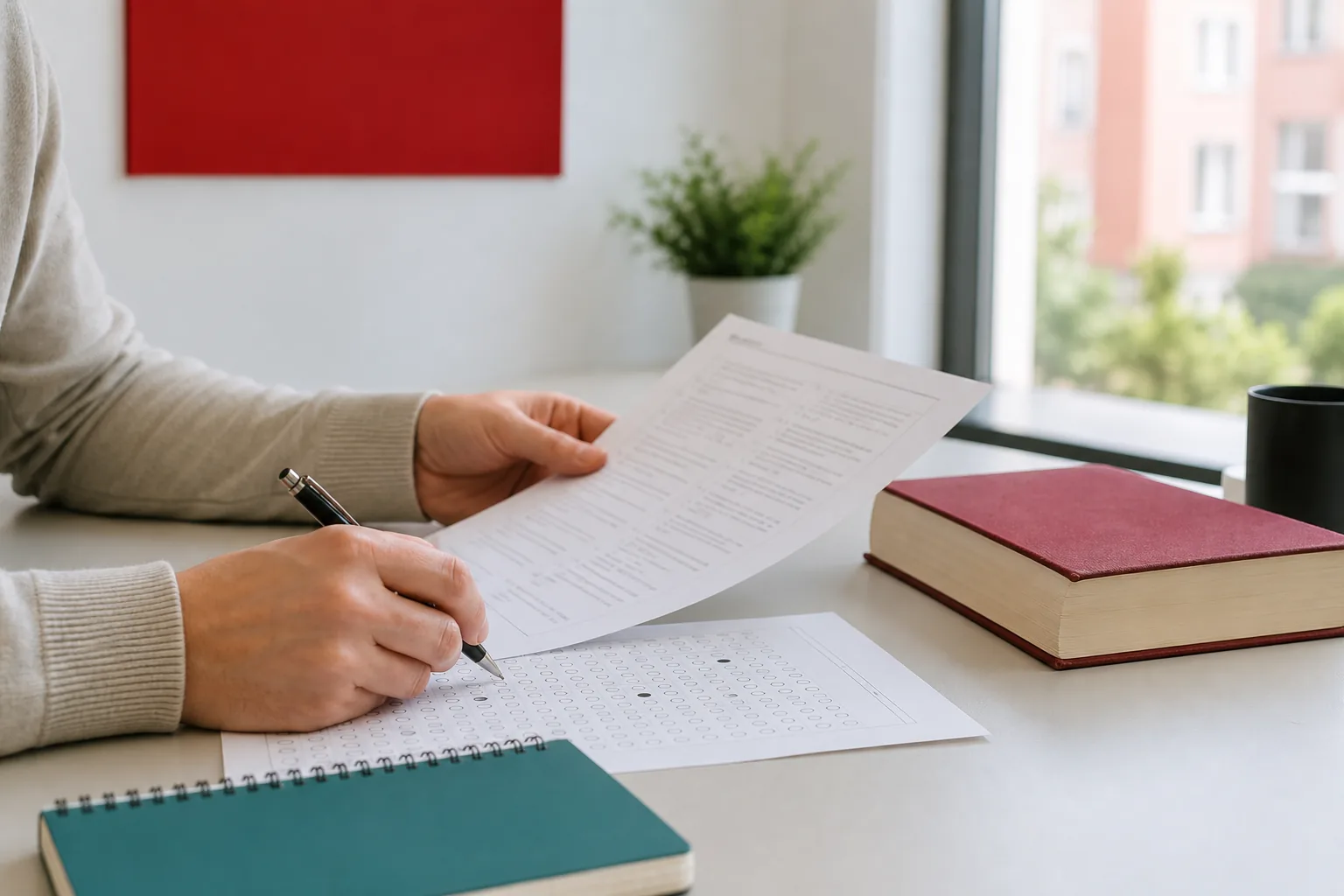 Persona corrigiendo un test de Administrativo de la Comunidad de Madrid
