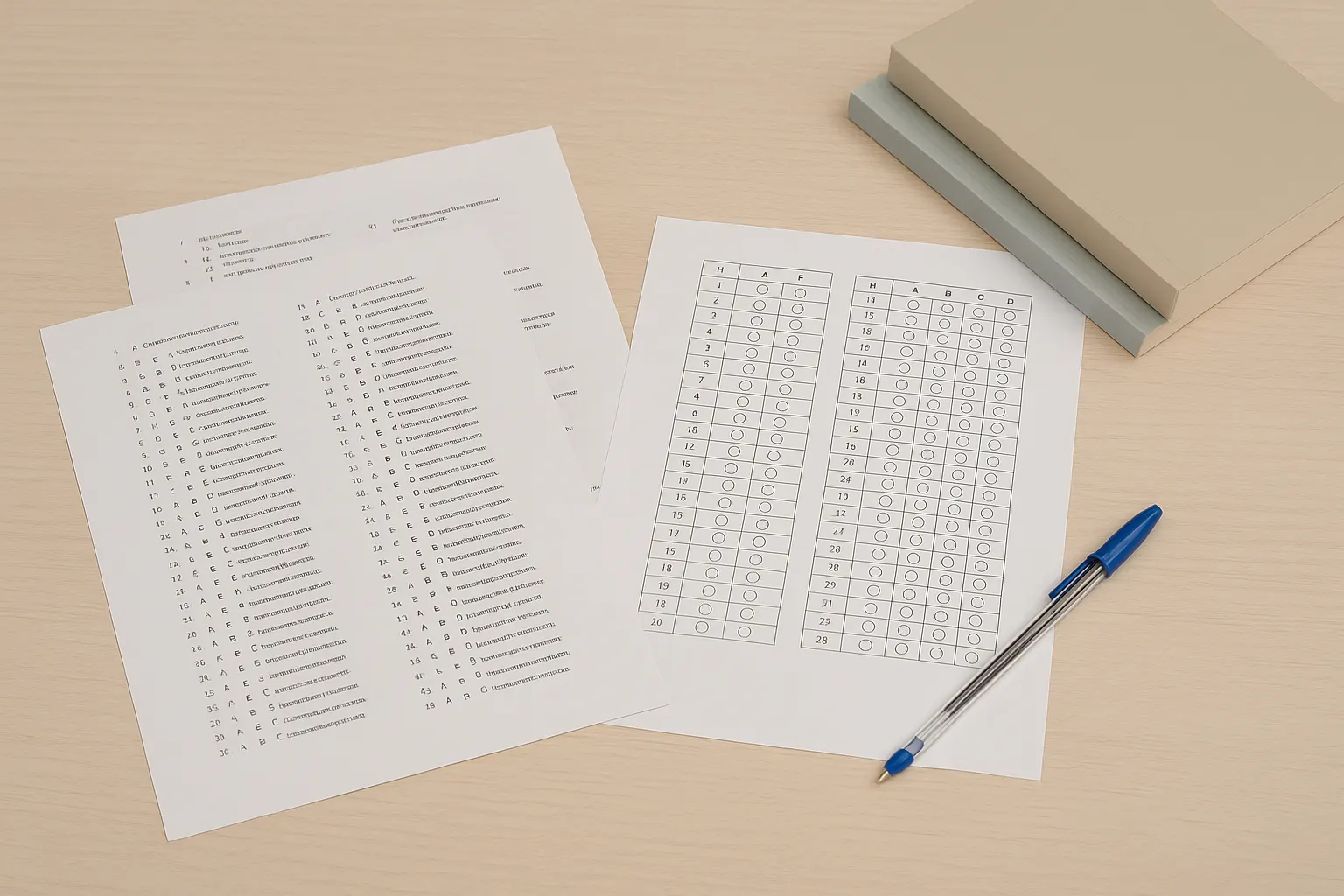 Mesa de estudio con plantilla de respuestas y examen tipo test para preparar supuestos de Ayudante de Instituciones Penitenciarias