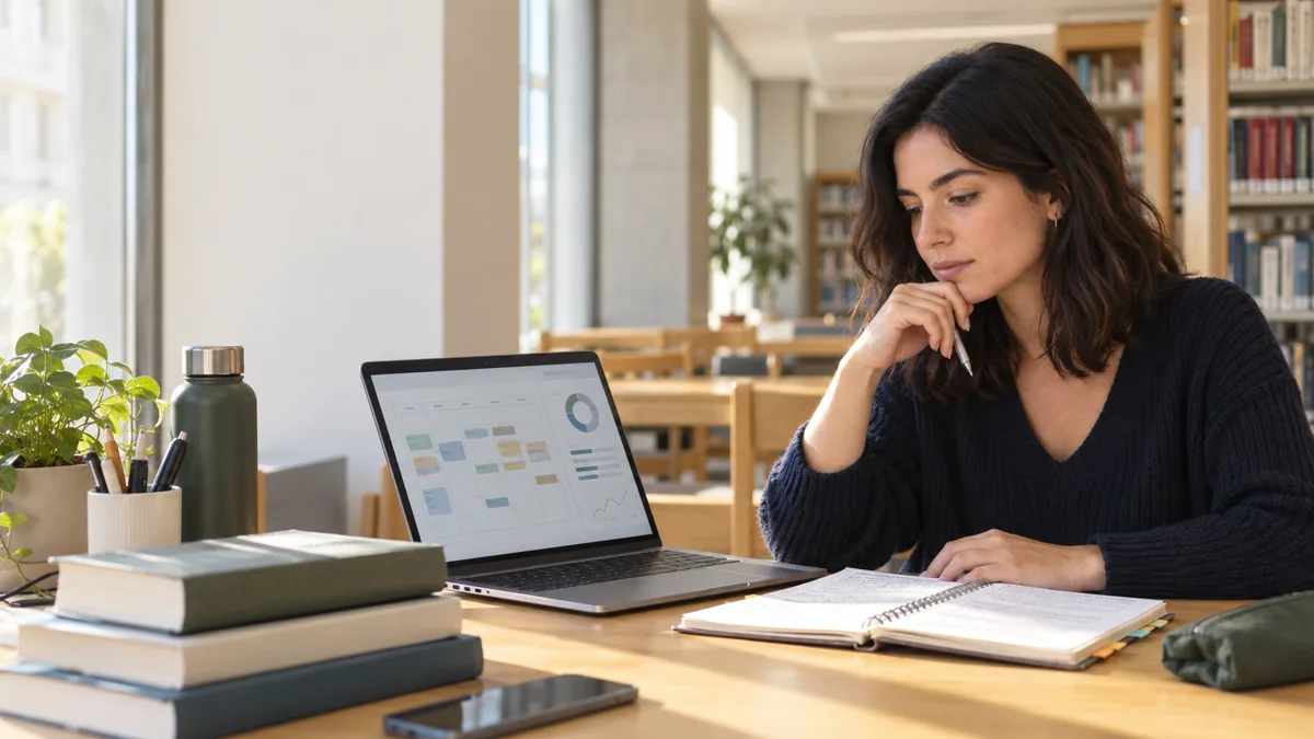 Opositora compara sus apuntes con una planificación digital en una biblioteca