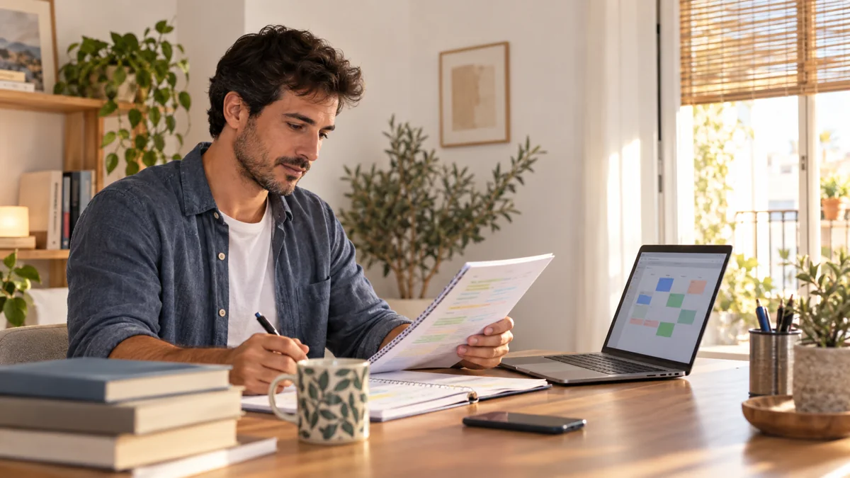 Opositor organiza sus apuntes con una planificación digital en casa