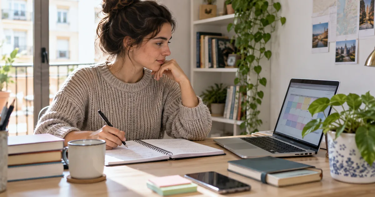 Opositora organiza su estudio con un cuaderno y una planificación digital