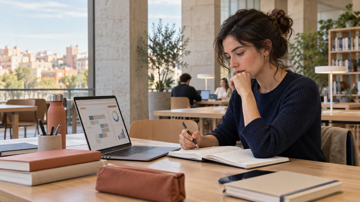 Opositora compara apuntes y planificación digital en un espacio de estudio de Barcelona