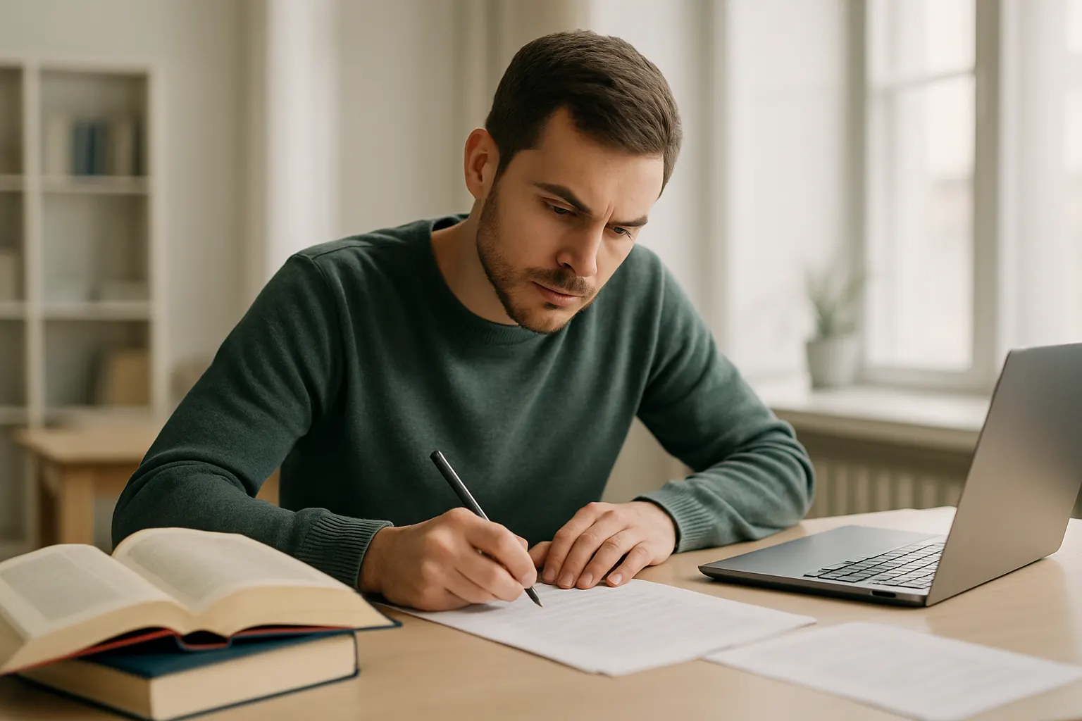 Opositor estudiando con apuntes y ordenador para preparar el examen de Ayudantes de Instituciones Penitenciarias