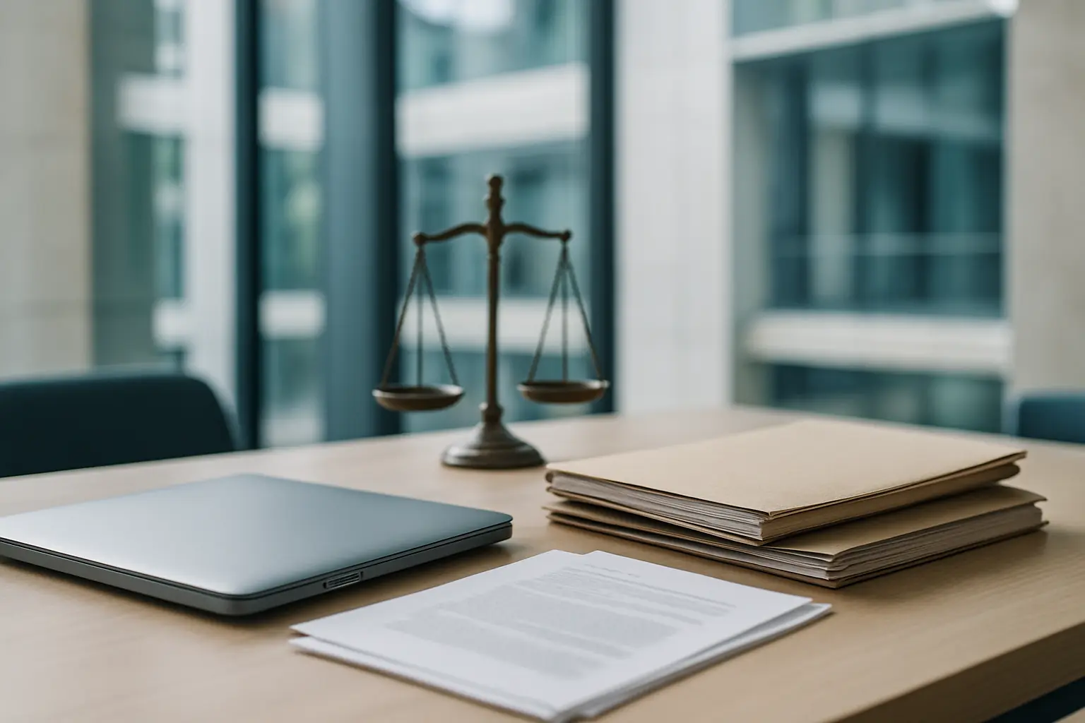 Mesa de estudio con expedientes, un ordenador y una balanza de justicia