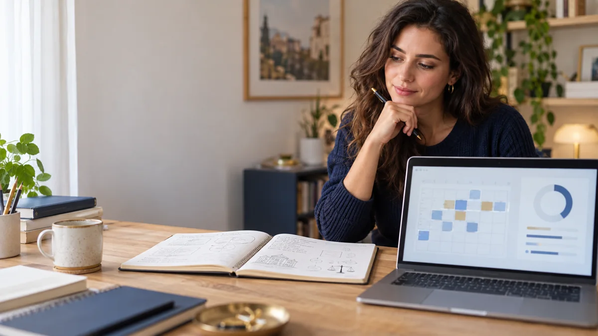 Opositora compara apuntes y planificación digital antes de elegir cómo estudiar