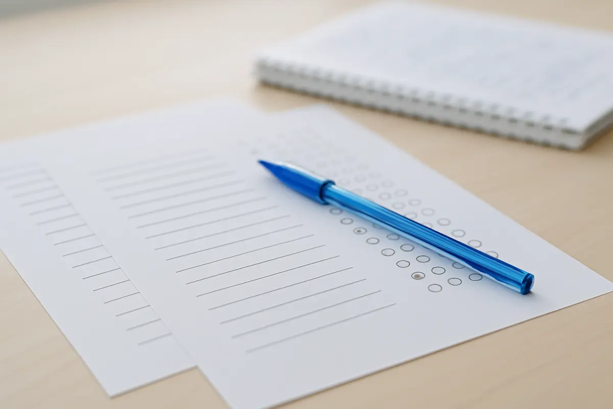 Hojas de examen tipo test y plantilla de respuestas sobre una mesa de estudio