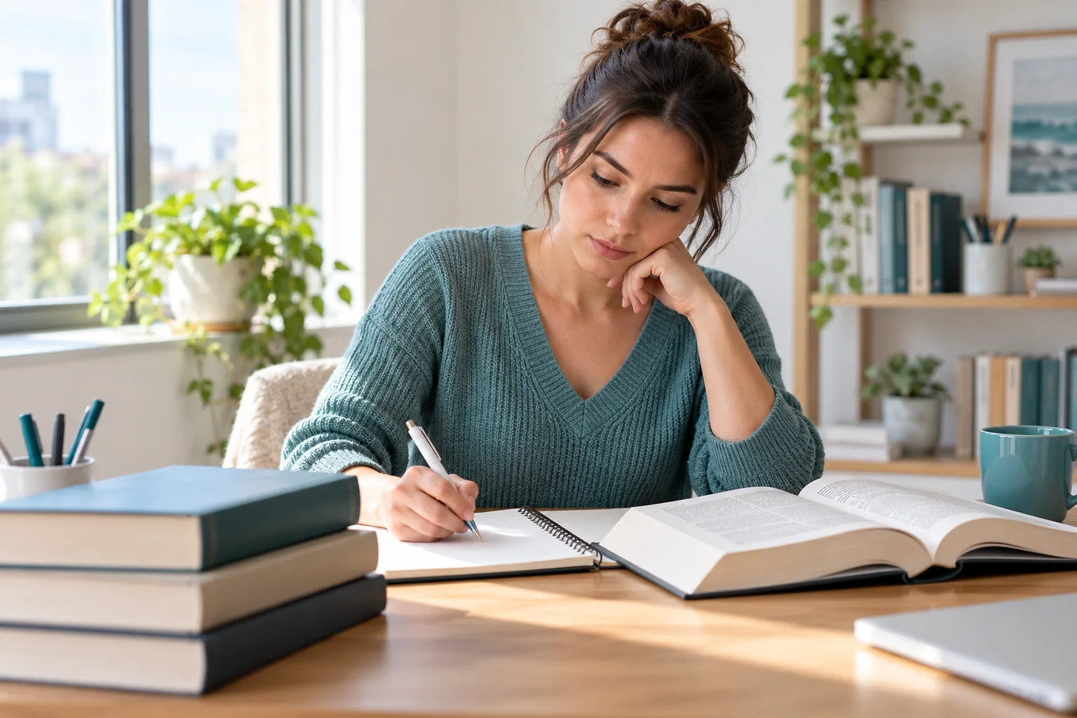 Opositora tomando apuntes junto a libros de estudio