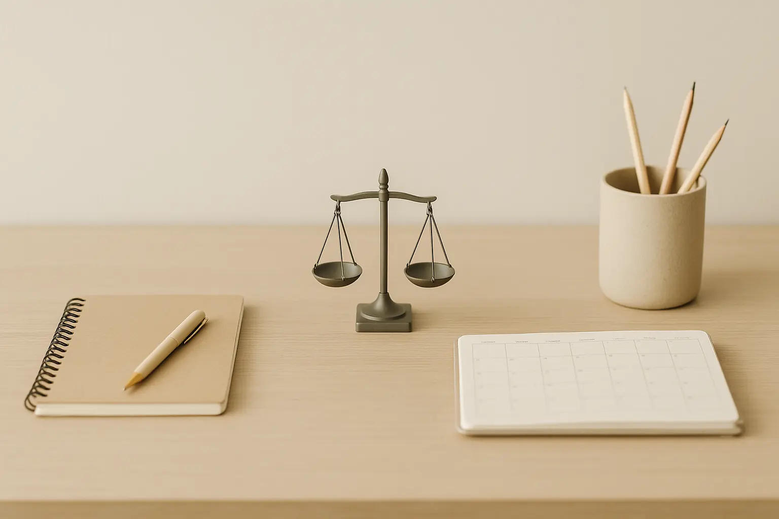 Escritorio de estudio de Auxilio Judicial con balanza de justicia y planificación de calendario