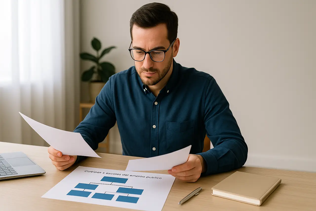 Opositora revisando documentación sobre cuerpos y escalas de funcionarios en una mesa de estudio