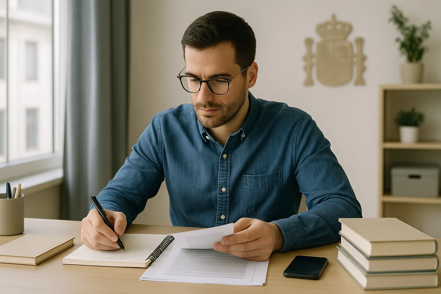 Aspirante a oposiciones repasando material administrativo para preparar una oposición del grupo C1 en un escritorio ordenado