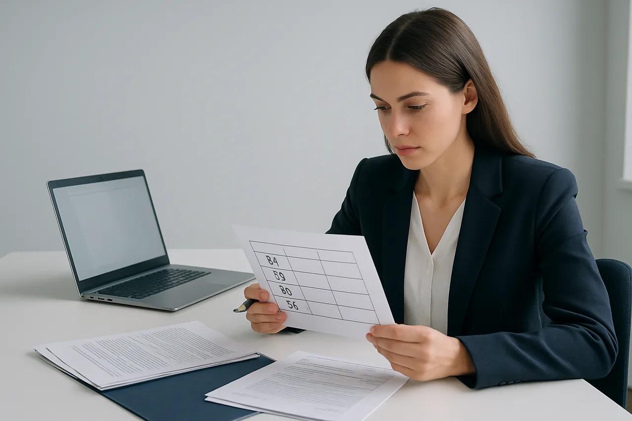 Opositora revisando una tabla comparativa de grupos, subgrupos y puestos de funcionarios