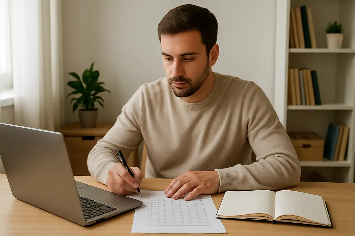 Persona preparando test de Auxiliar Administrativo del Estado con portátil y simulacros sobre la mesa