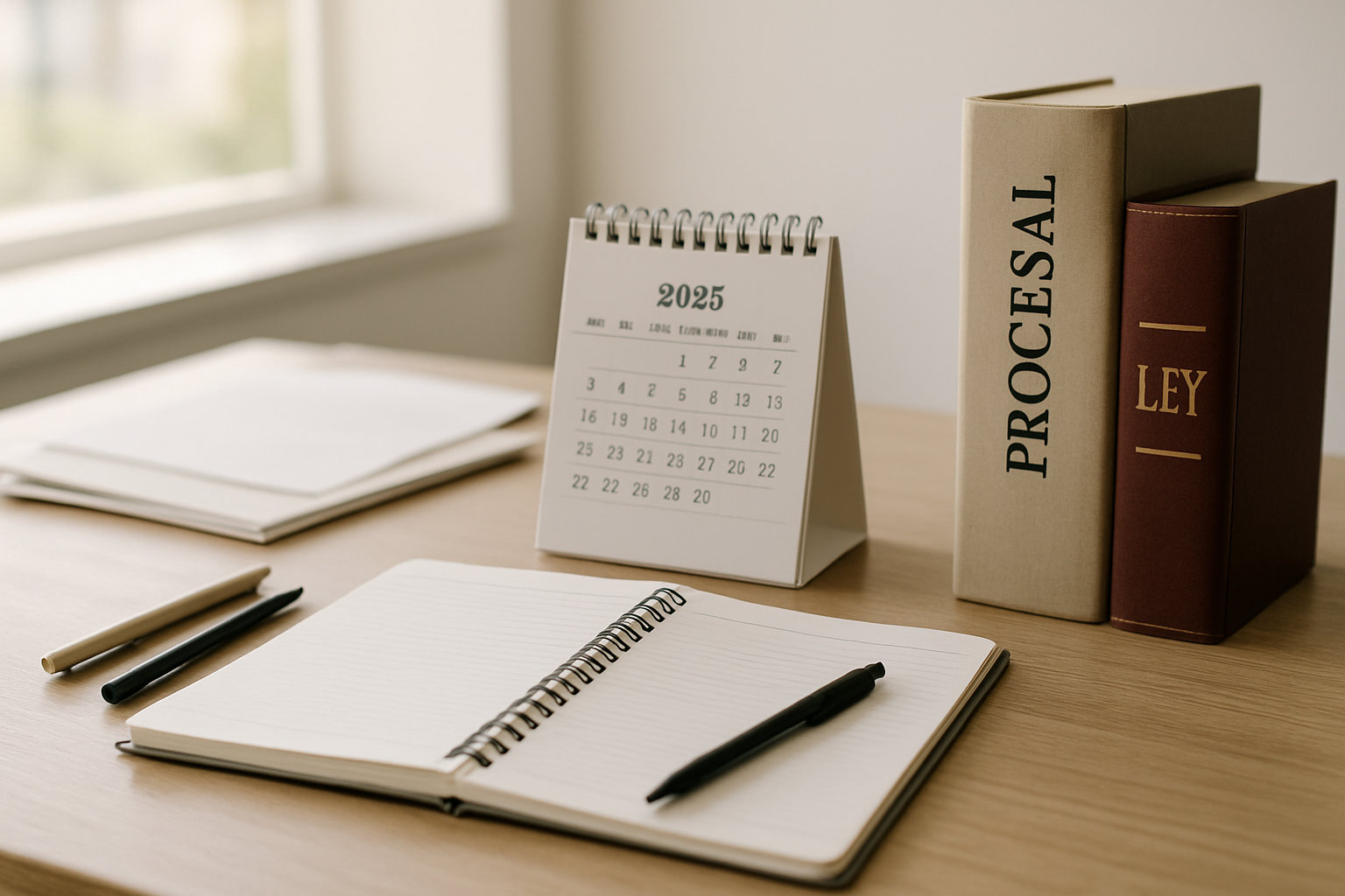 Mesa de estudio con calendario de 2025 y libros de derecho para representar la convocatoria de Gestión Procesal