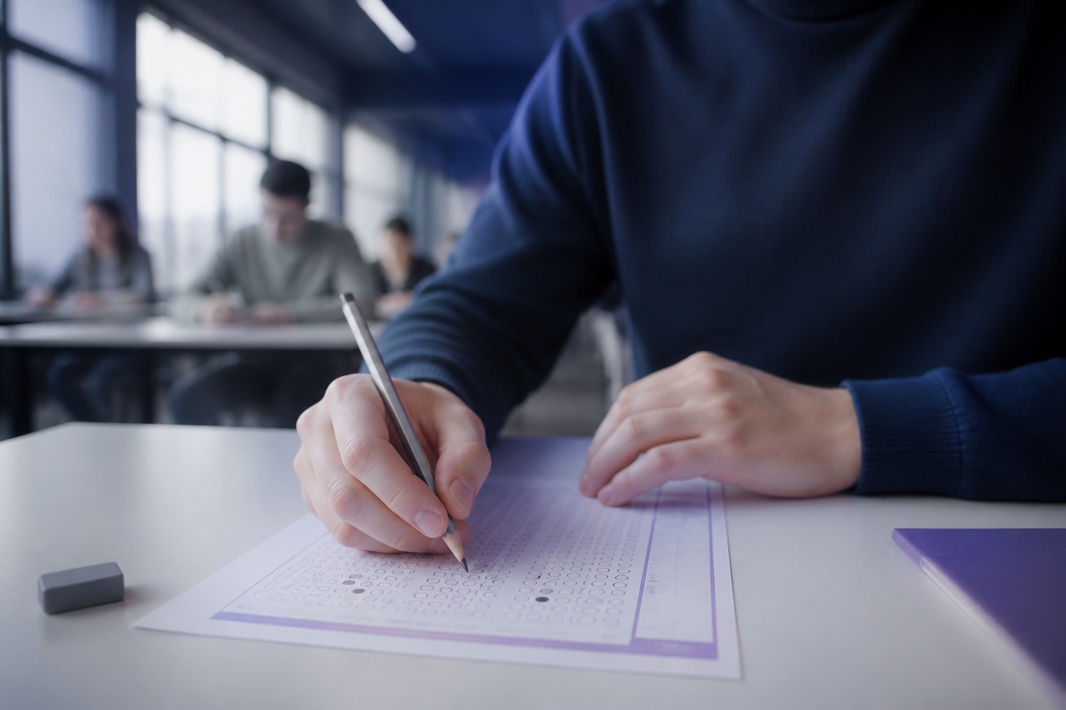 Aspirante completa una hoja de respuestas de un examen tipo test