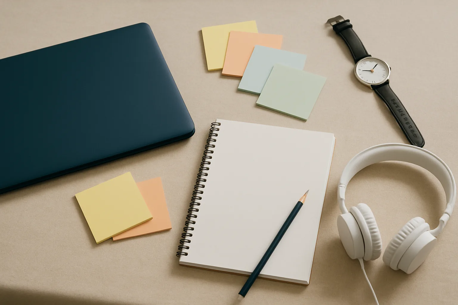 Mesa de estudio con portátil, cuaderno y notas para organizar la preparación de informática