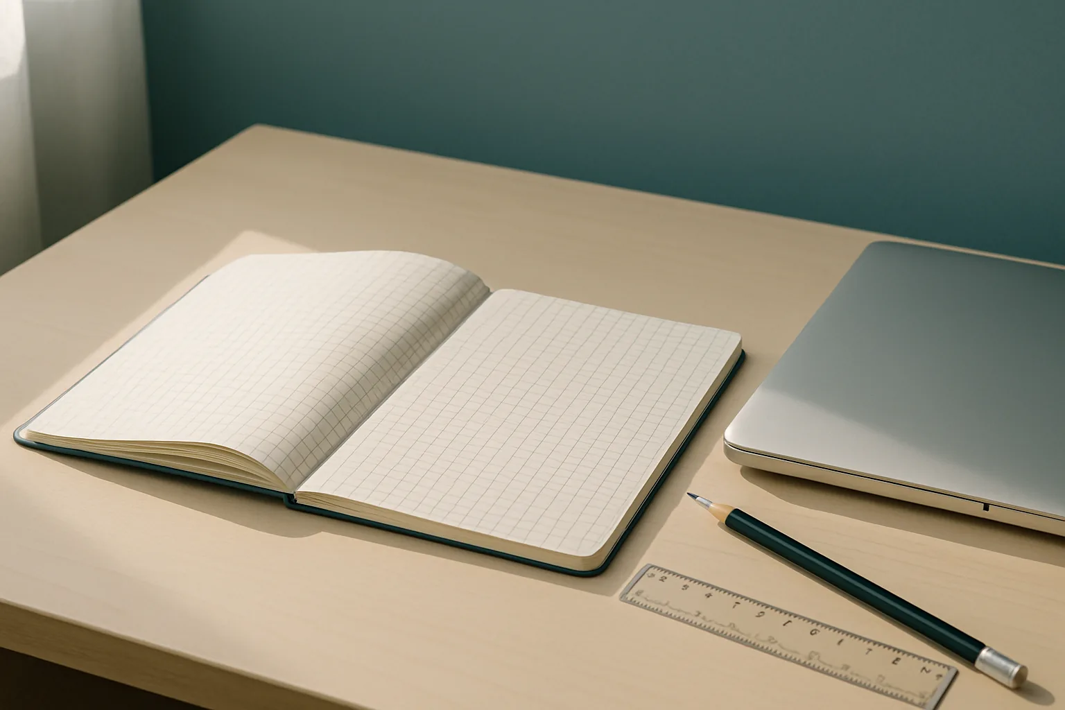 Cuaderno cuadriculado y portátil preparados para practicar preguntas de hojas de cálculo