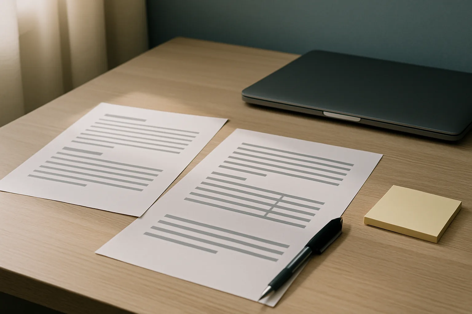Documentos de práctica y bolígrafo sobre una mesa de estudio para preparar preguntas de Word