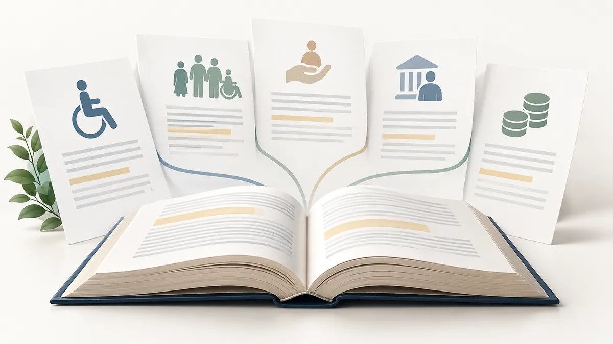 Libro abierto conectado con documentos sobre discapacidad, cuidados, empleo público y protección social
