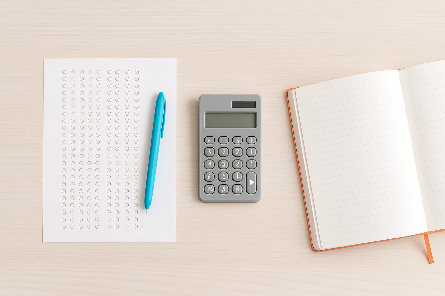 Hoja de respuestas de test junto a una calculadora y un cuaderno de estudio