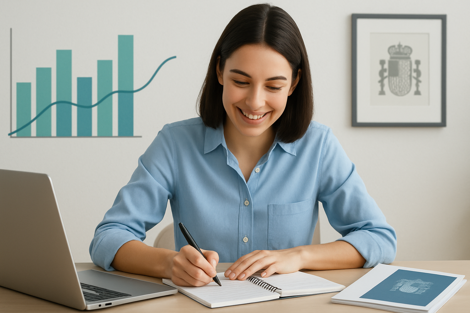 persona preparando oposiciones con documentos y ordenador en una mesa de estudio