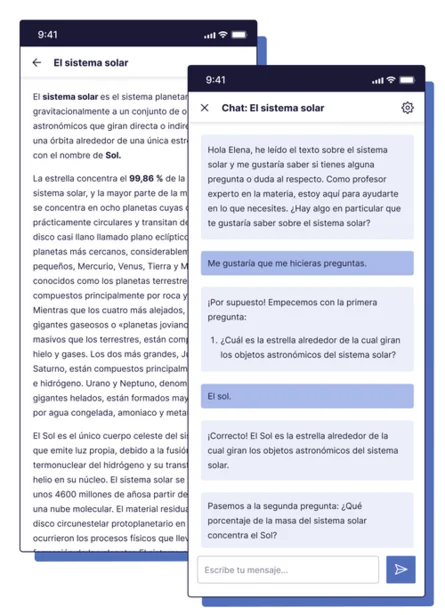 Una muestra de la plataforma de IA de Koanly en formato m&oacute;vil, se visualizan dos capturas, una del contenido, y otra del chat referente al contenido